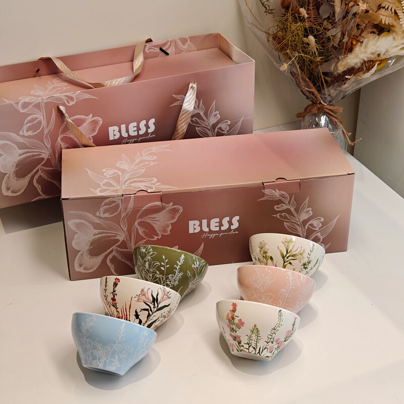 Nuonuohome 6-Color Floral Rice Bowl Gift Box Household Ceramic Rice Bowl Dessert Bowl Practical Housewarming Gift