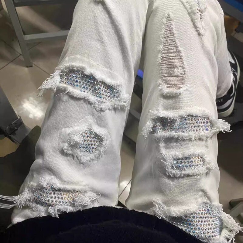 High Street Fashion Brand White Diamond Ins-Style Light Luxury Ripped Rhinestone Washed Distressed Unisex Jeans Slim Straight Pants