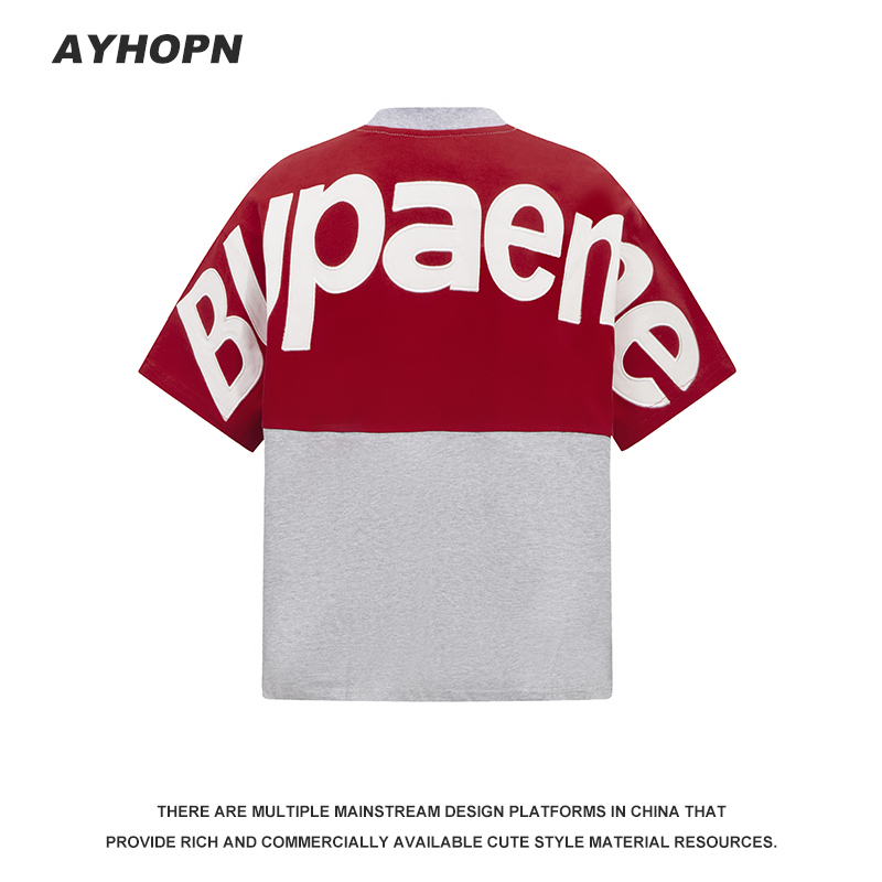 Ayhopn American Retro Color-Blocked Embroidered Letter Short-Sleeve T-Shirt for Women 2026 New Summer Casual Round-Neck Top