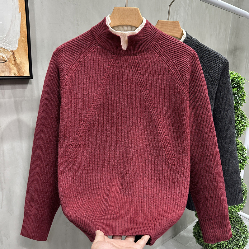 Fake Two-Piece Red Half-Turtleneck Sweater for Men, New Year Outfit, Heavyweight High-End Feel, Warm Base Knitwear