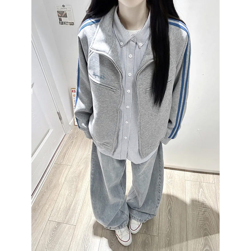 American Retro Striped Stand-Collar Jacket for Women 2026 New Spring and Autumn Loose Casual Sports Style Zipper Cardigan Jacket
