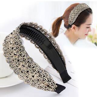 Korean Wide-Brimmed Simple Embroidered Fabric Hair Clip Headband with Rhinestones and Anti-Slip Teeth for Women