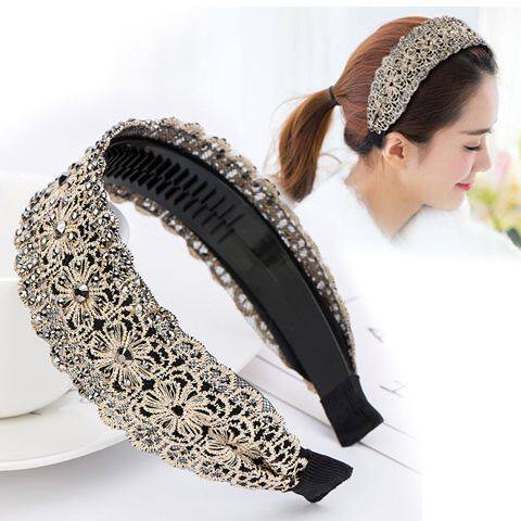 Korean Wide-Brimmed Simple Embroidered Fabric Hair Clip Headband with Rhinestones and Anti-Slip Teeth for Women