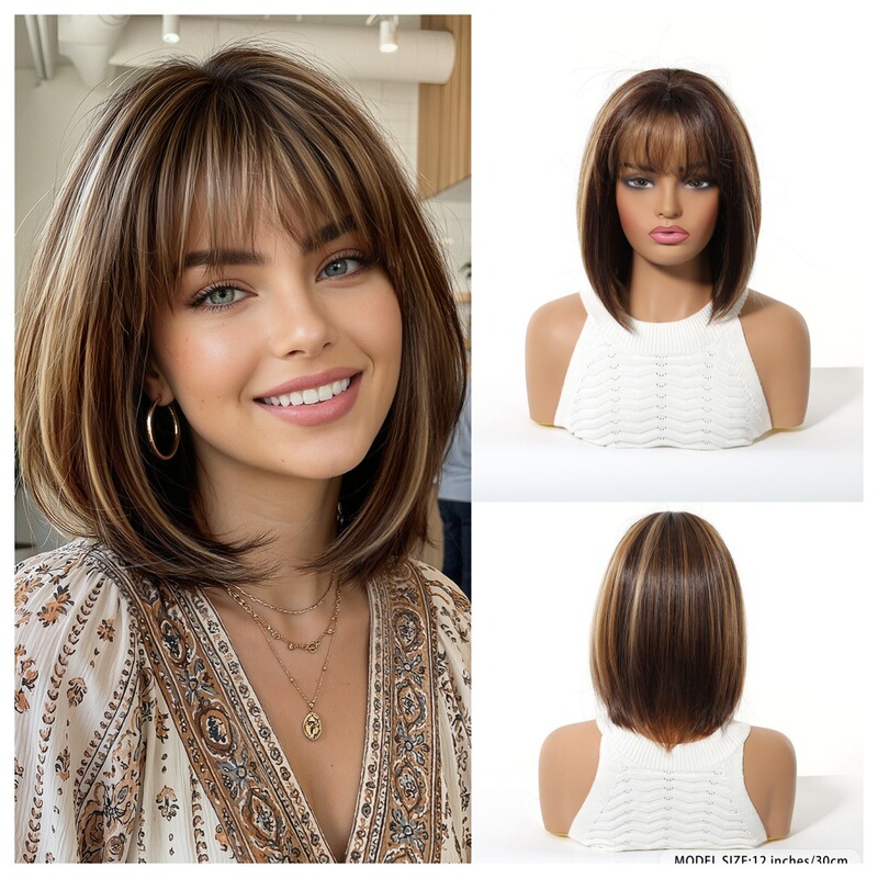 Gradient Brown Wig with Highlights, Bob Haircut with Air Bangs, Short, Natural and Realistic Synthetic Hair, Full Head Gradient Brown Wig with Highlights, Bob Haircut with Air Bangs, Short, Natural and Realistic Synthetic Hair, Full Head