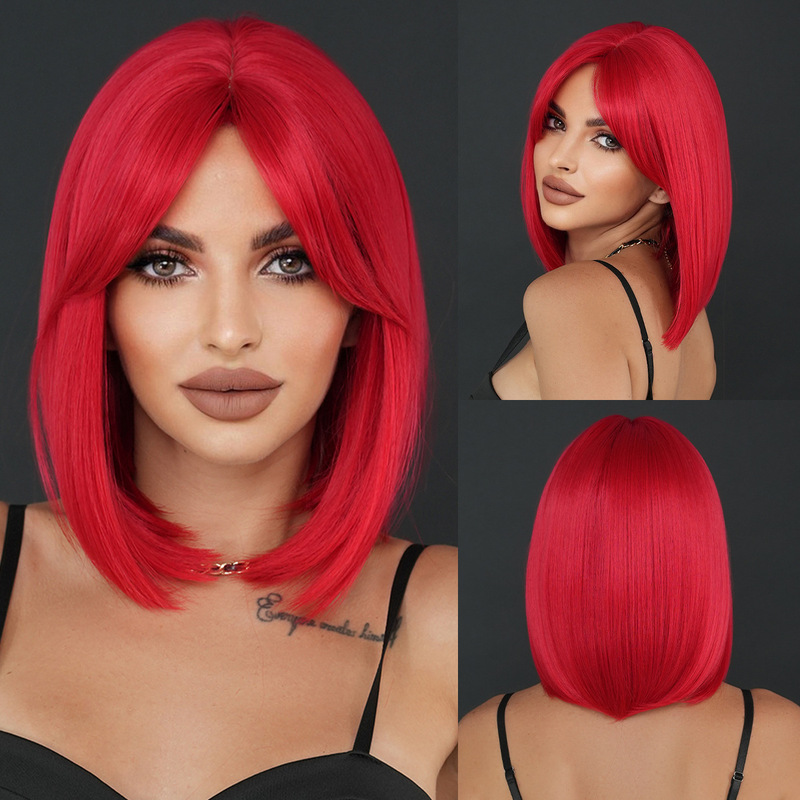 2025 European and American Halloween Red Short Easter Red Bob Wig with Middle Parting and Bangs, Machine-Made 2025 European and American Halloween Red Short Easter Red Bob Wig with Middle Parting and Bangs, Machine-Made