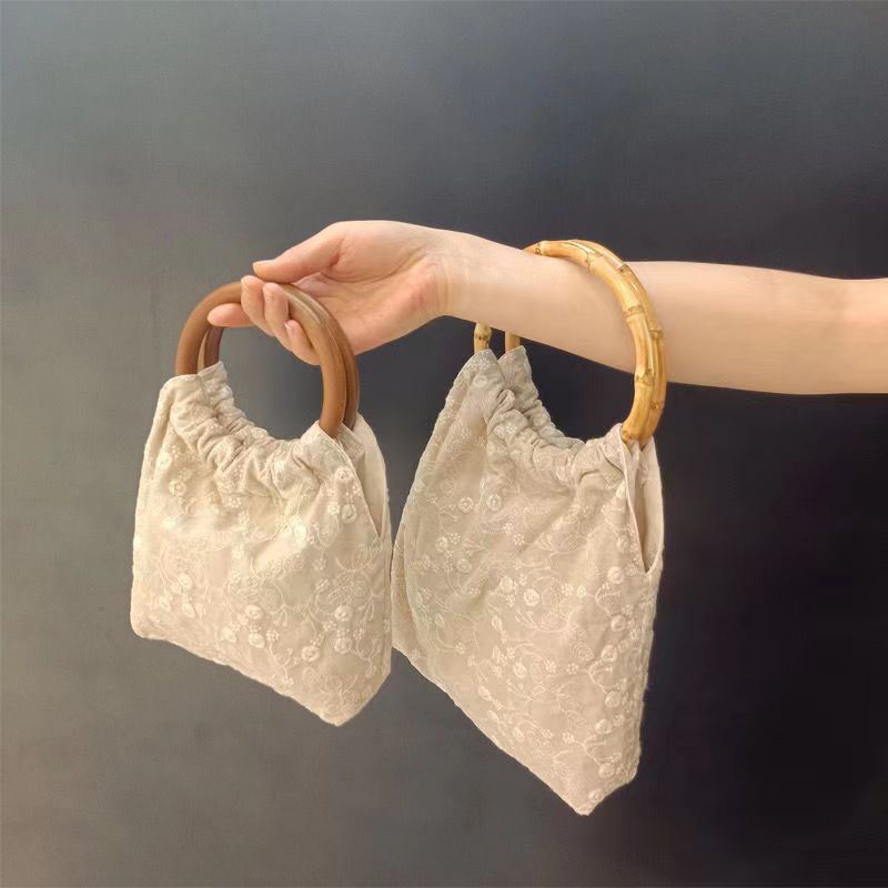 Bamboo Handle Mini Bag with Artistic and Exquisite French Embroidery, Bamboo Handle Handbag for Women, Fabric Bag for Vacation and Cheongsam Bamboo Handle Mini Bag with Artistic and Exquisite French Embroidery, Bamboo Handle Handbag for Women, Fabric Bag for Vacation and Cheongsam