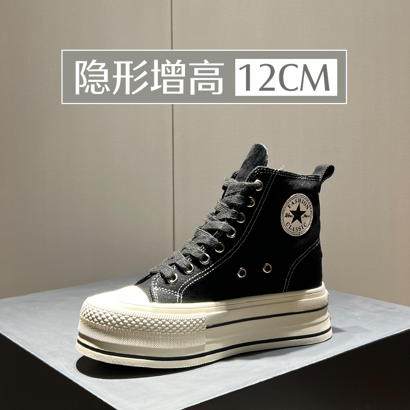 High-Top Canvas Shoes for Women, Spring 2025, with Invisible Internal Height Increase of 12cm, Suitable for Short People, Thick-Soled, Fleece-Lined Casual Shoes