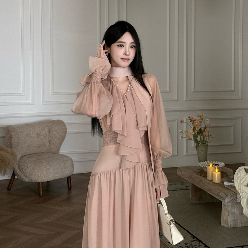 Vacation Style French Dress with V-Neck, Ribbon, Ruffles, Lantern Sleeves, Long Dress, Waist-Cinching, Pleated Pink Chiffon Dress for Women