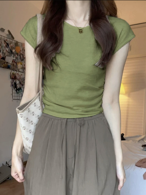 Avocado Green Short-Sleeved Top 2026 New Spring and Summer Thin Slim-Fit Flattering Regular Shoulder Short-Sleeve T-Shirt for Women