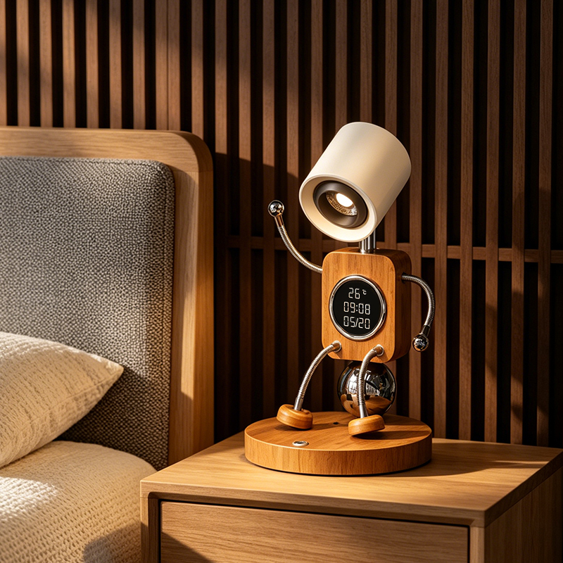 Hp Gejian Creative Robot Clock Table Lamp Solid Wood Desktop Fun Retro Atmosphere Lamp Eye Protection Bedroom Table Lamp