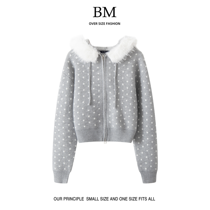 Bm Fashion Autumn New Collection Bm Polka Dot Knitted Cardigan Hooded Loose Casual Sweater Slimming Versatile Top Bm Fashion Autumn New Collection Bm Polka Dot Knitted Cardigan Hooded Loose Casual Sweater Slimming Versatile Top