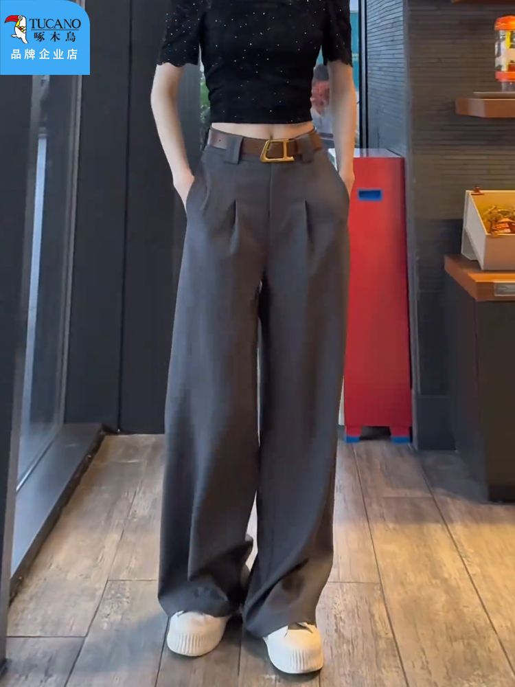 啄木鸟2024夏季款高级感休闲西装阔腿裤女高腰垂感显瘦直筒拖地裤