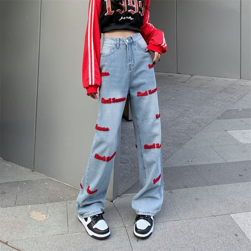 Spring and Autumn New Style Red Embroidered Letter Jeans for Women, Niche Casual Straight High-Waisted Slimming Wide-Leg Pants