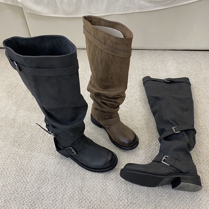 Zhang Yuanying's Same Style Belt Buckle Stacked Boots, Negativethree Chunky Heel Over-The-Knee Nt3 Distressed Korean Style Women's Boots