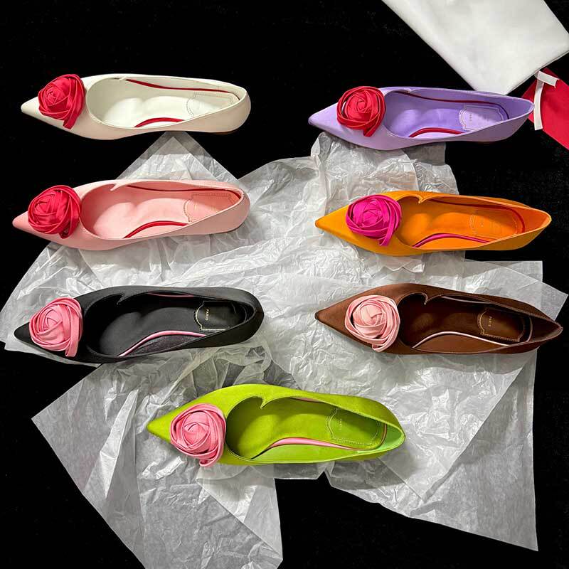 Top Quality! 2026 New Spring and Summer Rv Women's Flat Casual Shoes, Fashionable Rose Single Shoes, Silk Satin Wedding Shoes