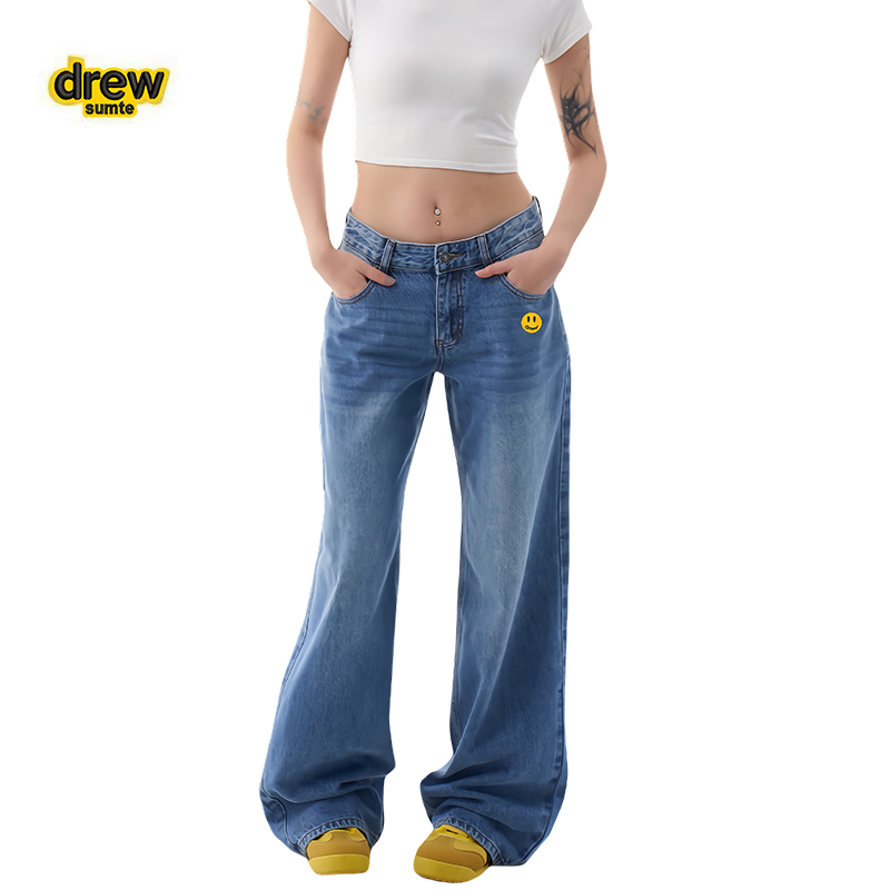 Drew Sumte Smiley Face Jeans Loose Low-Waist Wide-Leg Floor-Length Pants with Star Patches on the Back