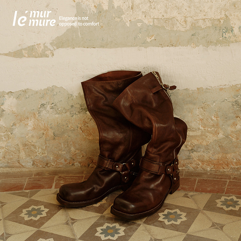 Le' Murmure New Winter Style Vegetable-Tanned Leather Round-Toe Elegant Long Boots with Thick Heels and Zipper Women's Fashion Boots