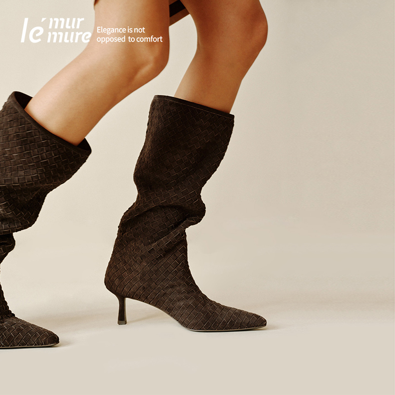 Le' Murmure New Winter Fashion Sheepskin Suede Long Boots, Slouch Boots, High-Heeled Long Boots, Stylish Fashion Boots