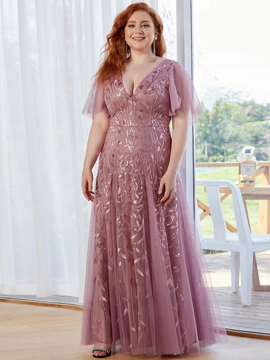 Plus Size Prom Dresses Romantic Shimmery V-Neck Ruffle Sleev
