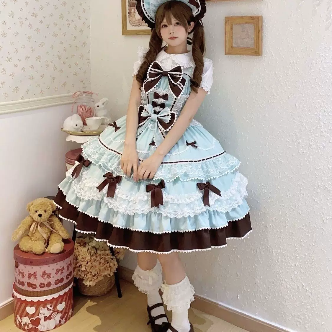 Платье Lolita JSK, оригинальный фондант-дизайн, милые банты и многослойная юбка (S–XL)