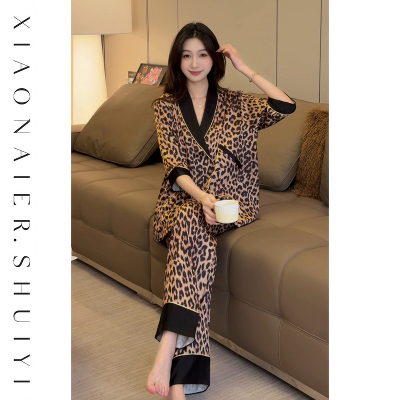 [Leopard Print Whisper] Summer Hot Item 2026, High-End Women's Long-Sleeved Long Pants Pajamas, Suitable for Wearing Outside, Loungewear