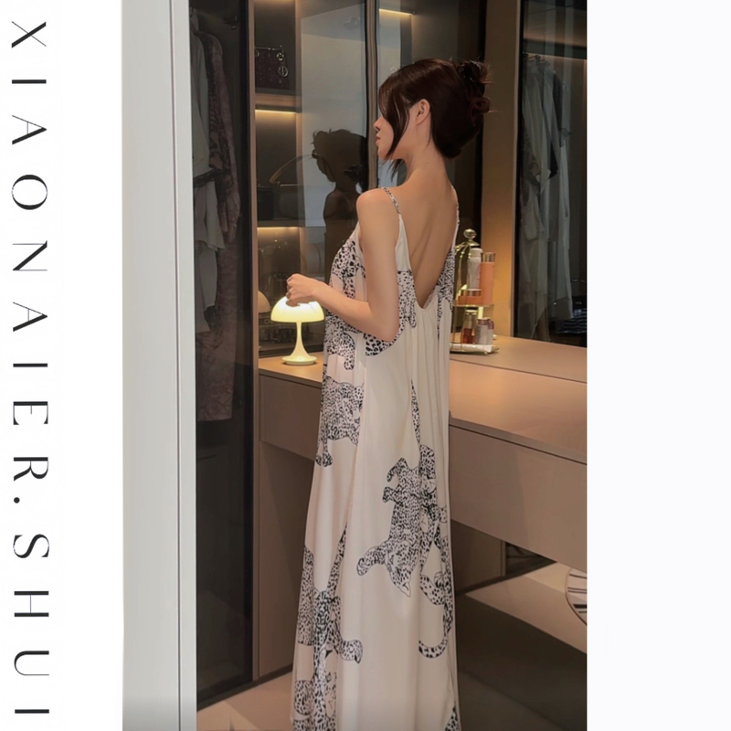【Moonlight Snow Leopard】French-Style Backless Nightgown for Women, Waist-Cinching, Slimming Sleepwear, High-End Loungewear, Sweet and Elegant