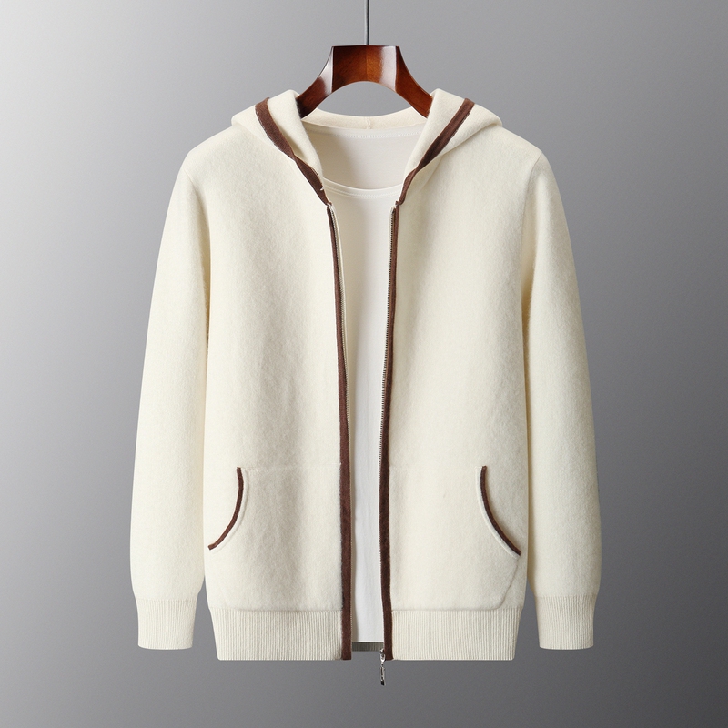 Heavyweight Stylish Cashmere Hooded Cardigan for Men, Thick Loose Knit Jacket, Fashionable Casual Hoodie Top