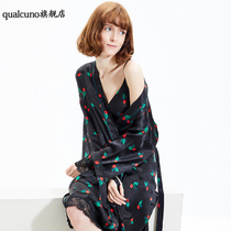 Sexy silk pajamas women Spring Summer suspenders nightskirts long sleeved gowns two-piece set thin mulberry silk home wear