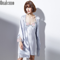 Silk pajamas women spring and summer sexy suspenders nightgown slim robe set heavy mulberry silk home clothing bathrobe