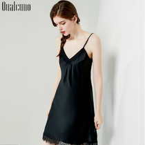 QUALCUNO sexy real silk sleeping dress Summer hanging band dress sauna silk pure color pyjamas home for women
