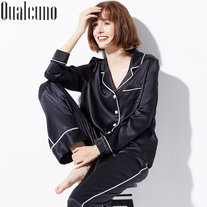 Broken code silk pajamas women's spring and summer black long-sleeved trousers Silk suit Heavy mulberry silk home wear