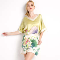 Silk short sleeve nightgown women Summer enlarged version loose pajamas heavy mulberry silk printed silk home clothes