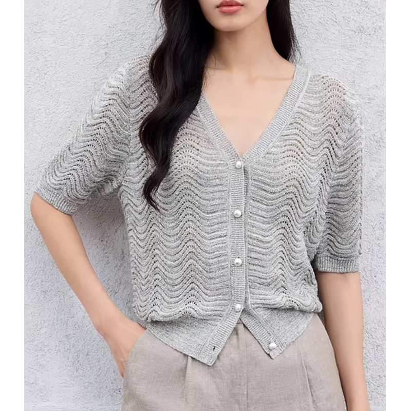 Masande【Song*Dingdan】Ladies' Elegant and High-End Cardigan with Unique Design and Wavy Edges, Knitted Sweater for Summer Masande【Song*Dingdan】Ladies' Elegant and High-End Cardigan with Unique Design and Wavy Edges, Knitted Sweater for Summer