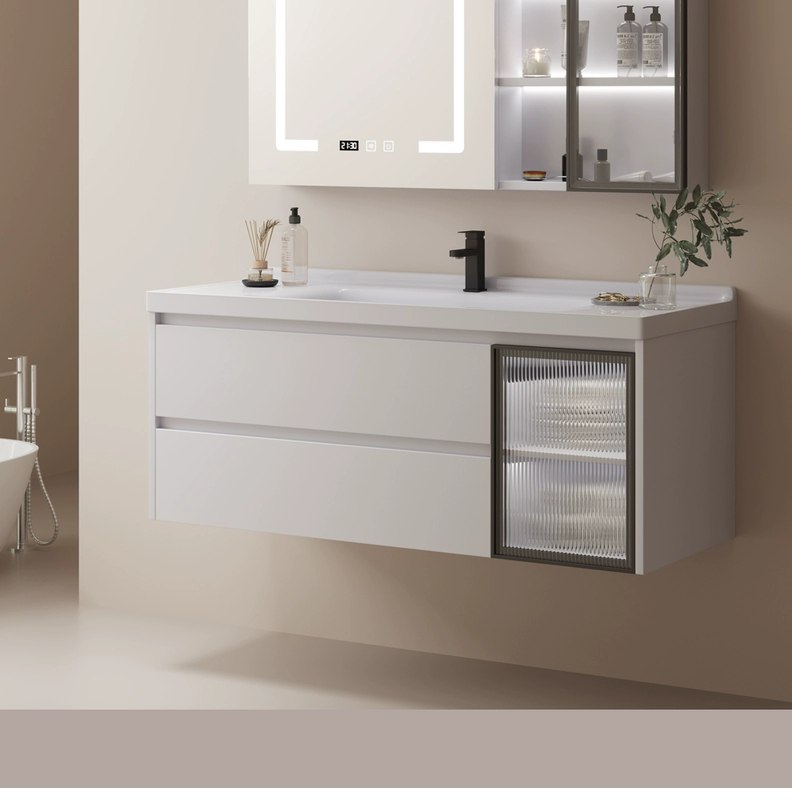 Tủ phòng tắm chính hãng kết hợp ánh sáng sang trọng gỗ rắn hiện đại tối giản tối giản rửa sạch bồn tắm phòng tắm tủ thông minh tủ tủ đựng mỹ phẩm có gương tủ gương trang điểm