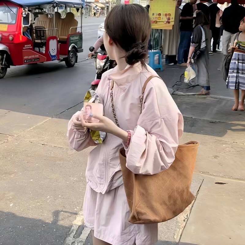 2025 New Casual Sports Suit for Women, Summer Sun Protection, Solid Color, Stand-Up Collar, Age-Reducing, Loose Fit, Thin Two-Piece Set for Young Girls