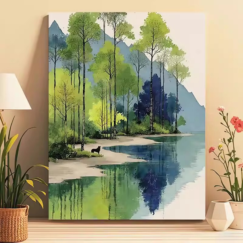 Finished Ink Painting of Mountain Forest, Imitation Oil Painting, Beautiful and Fresh Green Landscape, High-End Wall Art for Bedroom and Living Room