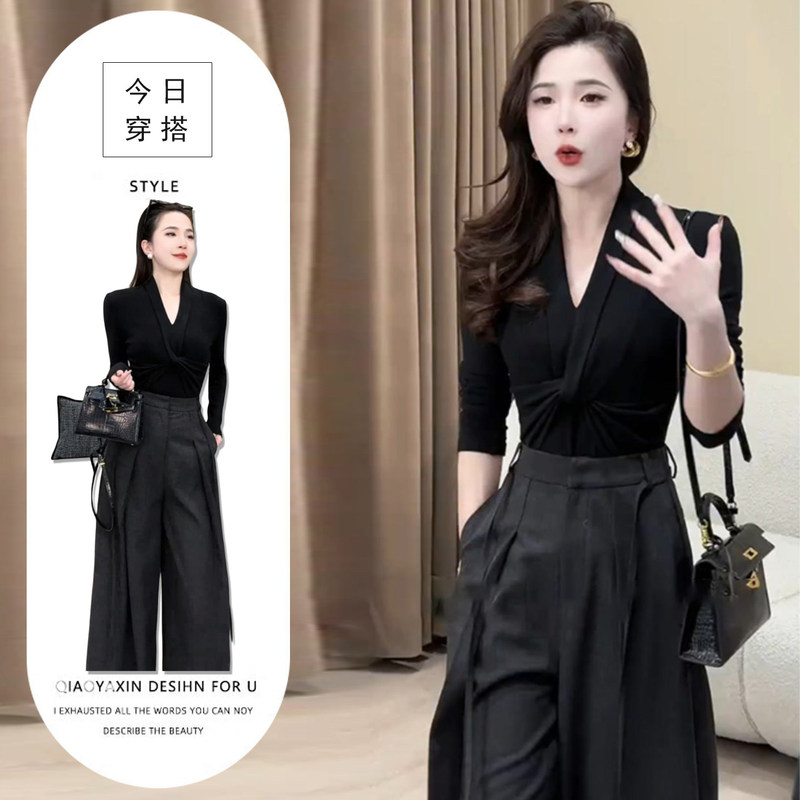 High-End Chic Two-Piece Set 2026 Fashion Stylish Black Slim-Fit Long-Sleeve Top with Drapey Wide-Leg Pants