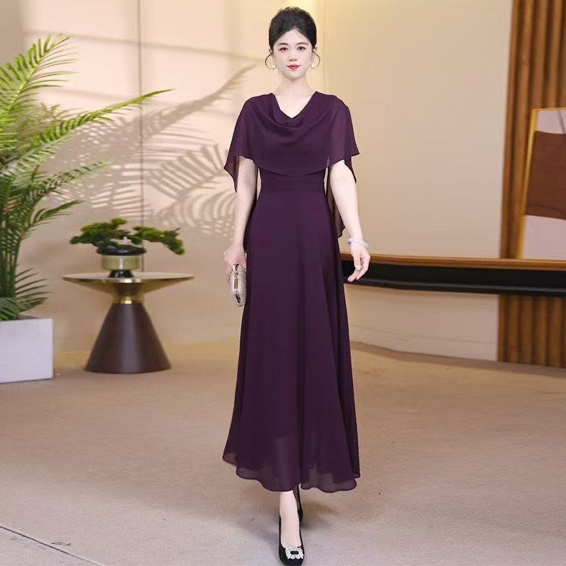 Mom's Dress, Plus Size, Elegant and Stylish, Purple Chiffon Dress, Middle-Aged Women's High-End Slim-Fitting Mid-Length Dress