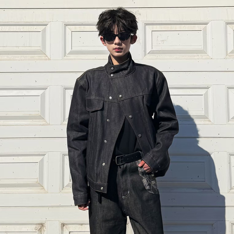 Black Diagonal Collar Classic Raw Denim Jacket for Men, Spring and Autumn Cleanfit American Style Heavy-Duty Casual Short Jacket Black Diagonal Collar Classic Raw Denim Jacket for Men, Spring and Autumn Cleanfit American Style Heavy-Duty Casual Short Jacket