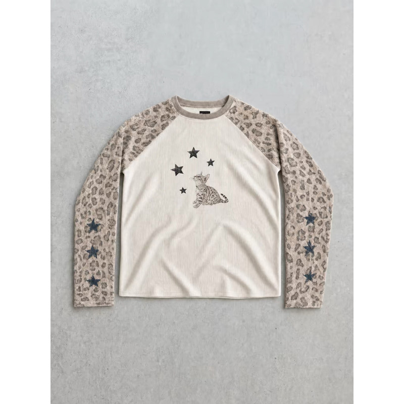 "Star Leopard Cat" Leopard Print Star Raglan Sleeve Waffle Long-Sleeve T-Shirt, Light Street Style Versatile Crew Neck Sweatshirt "Star Leopard Cat" Leopard Print Star Raglan Sleeve Waffle Long-Sleeve T-Shirt, Light Street Style Versatile Crew Neck Sweatshirt