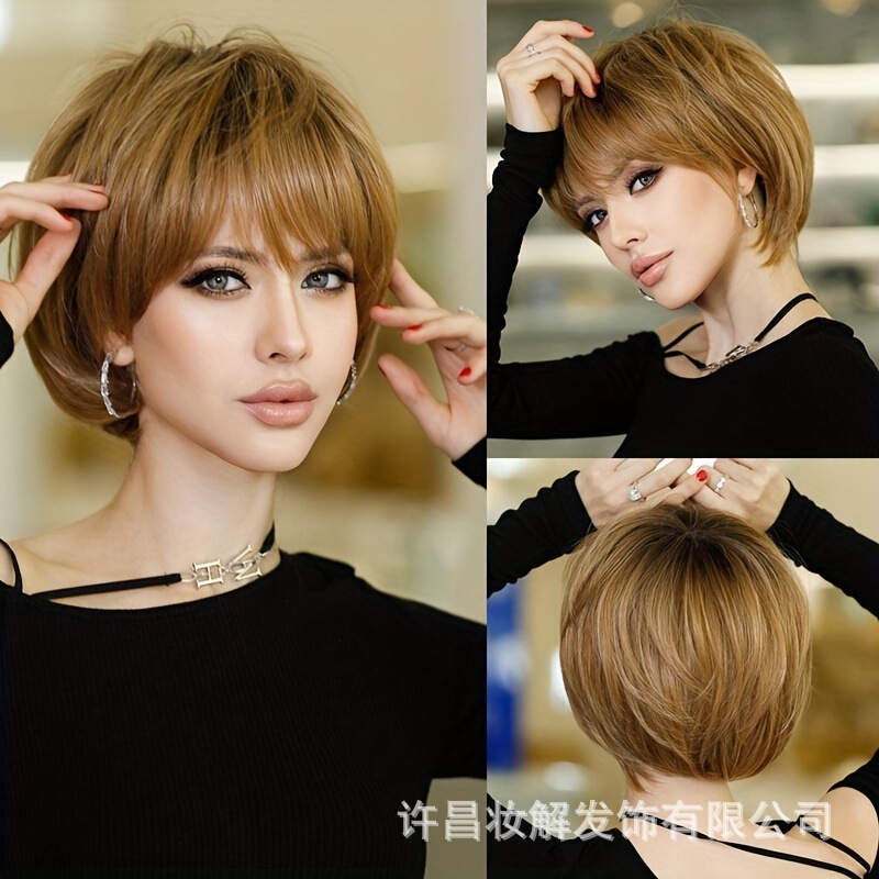 Cross-Border European and American Style 12inch Women's Short Brown Bob Wig with Bangs, Short Mixed Color Pixie Wig Cross-Border European and American Style 12inch Women's Short Brown Bob Wig with Bangs, Short Mixed Color Pixie Wig