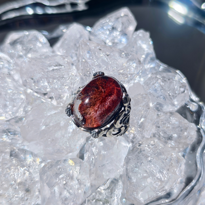 【Demon】Pure Body Brazilian Red Phantom 925 Sterling Silver Inlaid Ring