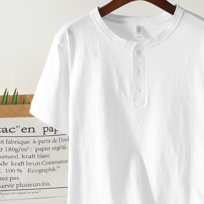 250g American-Style Henry Collar Short-Sleeve T-Shirt, Summer Loose Fit, Pure Cotton, White Vintage Henry Shirt, Niche Design, Unisex