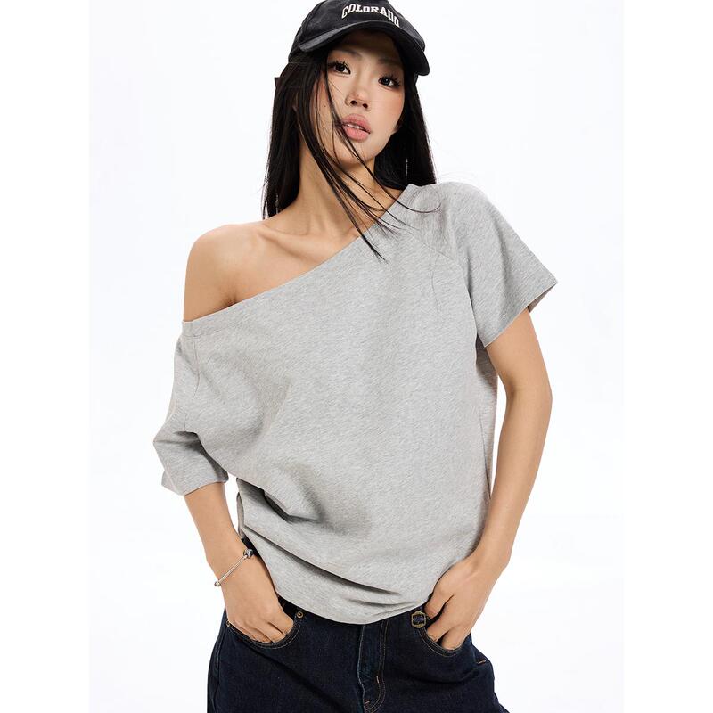 Are U Ok? Lazy Style Off-Shoulder T-Shirt for Women, New Summer Loose Fit, Asymmetrical Shoulder Design, Short-Sleeve Top