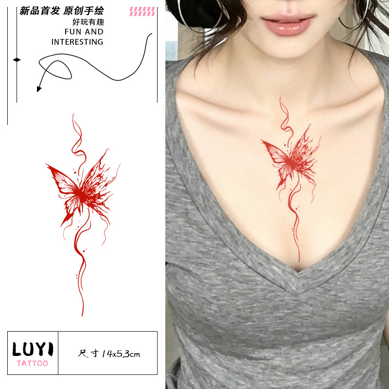 Blood Butterfly Colorful Tattoo Stickers for Women Cute Waterproof Long-Lasting Scar Covering Clavicle Cartoon High-End Style