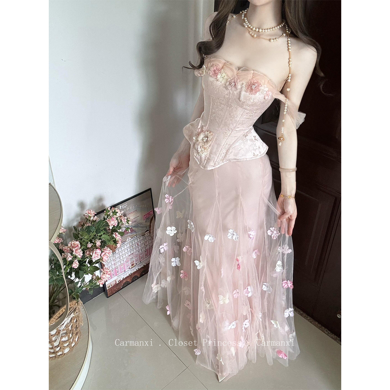 Summer Outfit: a Complete Set of French-Style Socialite Birthday Dress with Heavy-Duty Fishbone Waist-Cinching Top and Mesh Skirt in Two Pieces