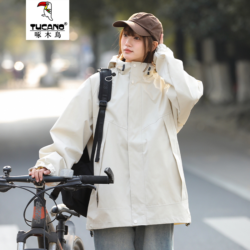 Woodpecker Softshell Outdoor Jacket for Women, Spring and Autumn, American Style, Trendy, Loose Fit, Versatile, Casual Hooded Jacket