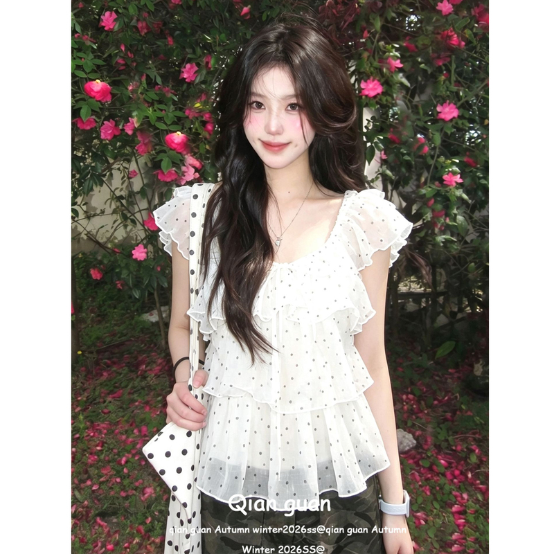 French-Style Sweet Ruffled Tie-Up Flutter-Sleeve Chiffon Blouse for Women, Summer Layered Cake Gauze Polka Dot Slimming Top French-Style Sweet Ruffled Tie-Up Flutter-Sleeve Chiffon Blouse for Women, Summer Layered Cake Gauze Polka Dot Slimming Top
