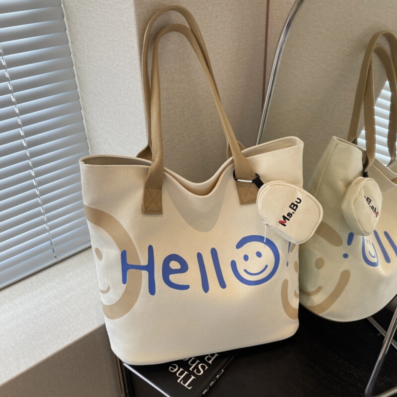 Hello Fashion Canvas Bag Women's Shoulder Handbag New Student Handbag Casual Commuter Bag Tote Bag Hello Fashion Canvas Bag Women's Shoulder Handbag New Student Handbag Casual Commuter Bag Tote Bag