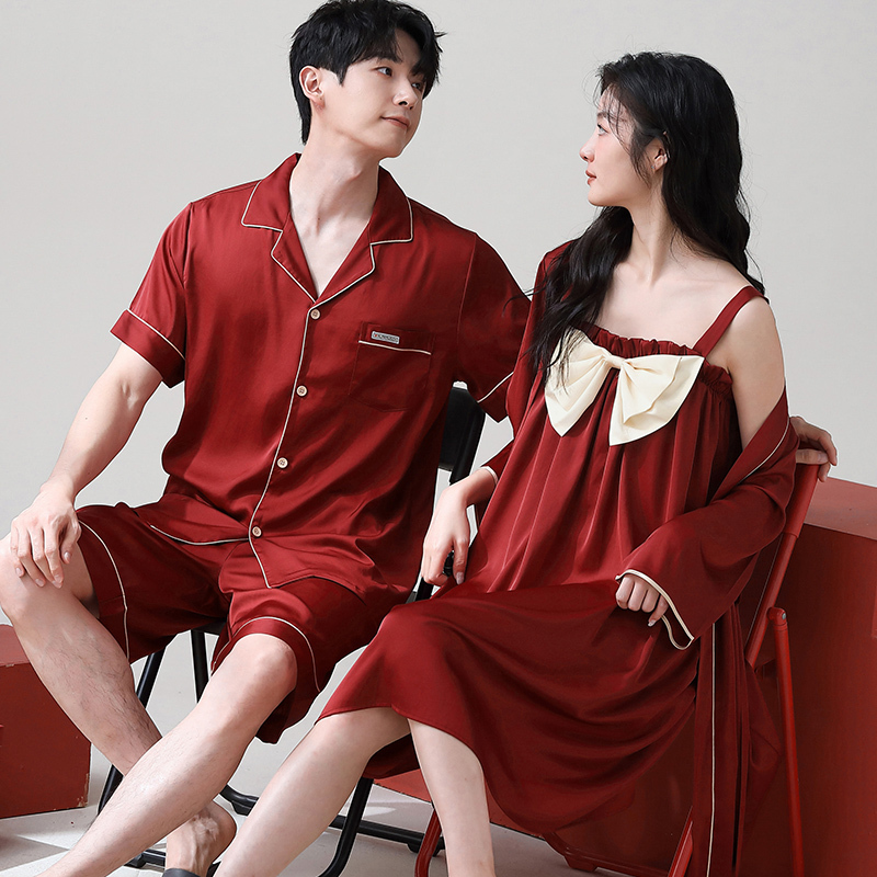 Wedding Pajamas for Women, Bridal Robe, Newlywed Couple Set, Men's Ice Silk Red High-End Wedding Home Wear for the Year of Birth